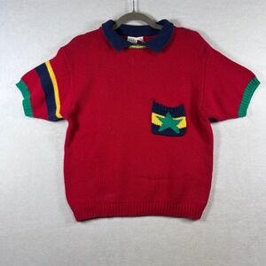 Vintage JG Hook Red Cotton Knit Short Sleeve Polo Sweater Star Pocket Medium